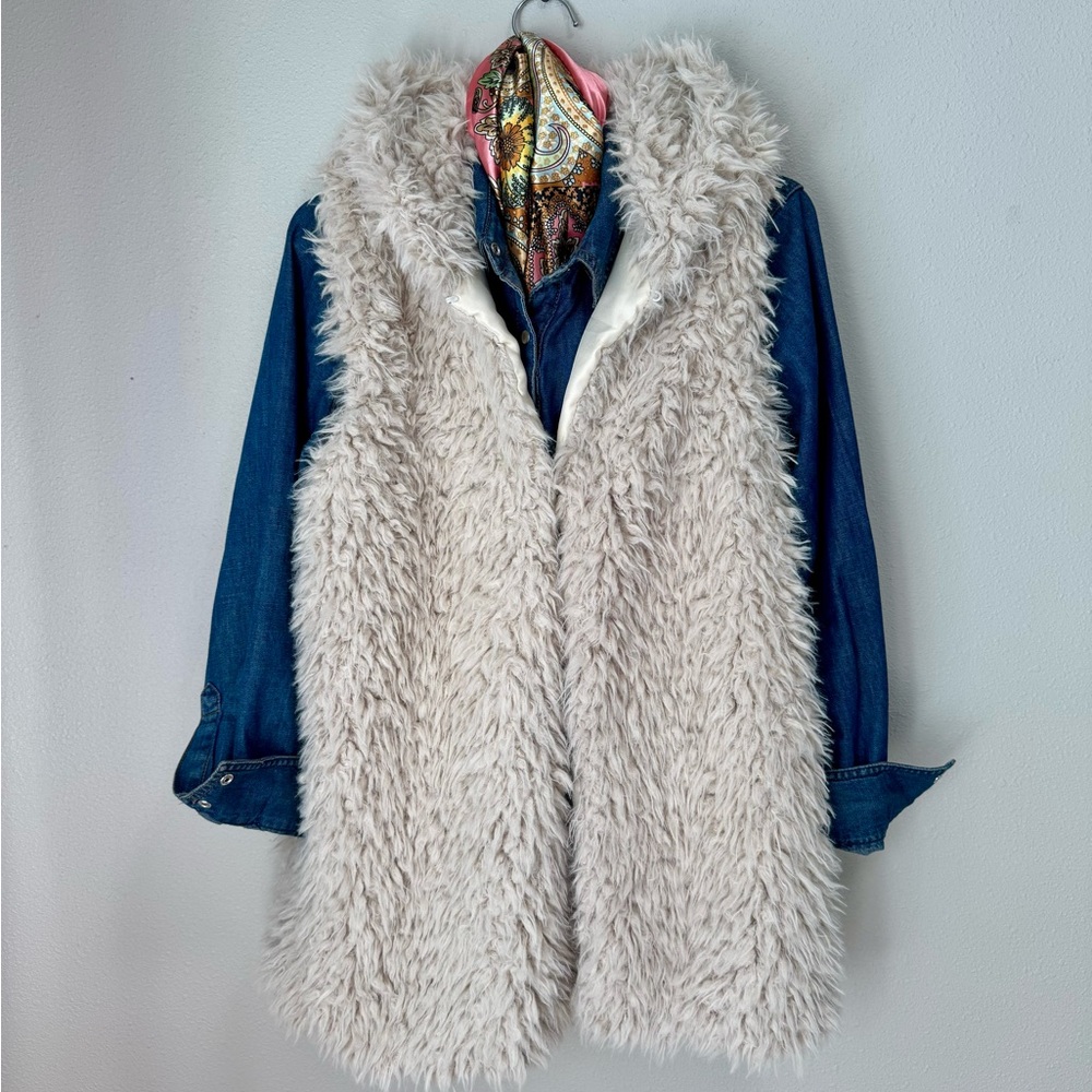 Cream Faux Fur Vest Sleeveless Open Front
